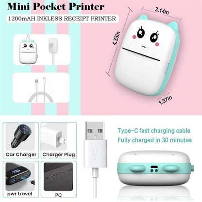 Portable Mini Photo Printer, Portable Pocket Thermal Printer with 5 Rolls Paper, Bluetooth Wireless Printer for Home Office School Use, Picture Printer for Photo Receipt Label Printing with Ios Android APP