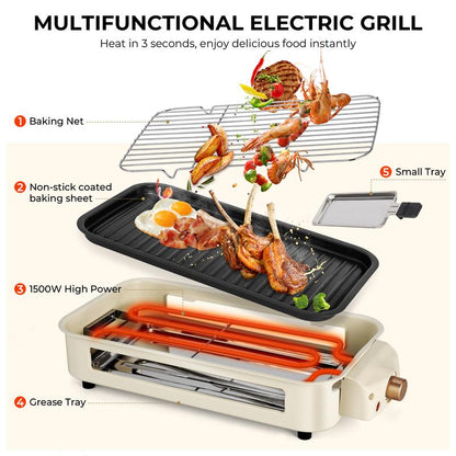 Pukomc Indoor Smokeless Grill, Fast Heating Safe Non-Stick Cooking Removable Grill Pan, Portable Korean Electric Grill with Removable Temperature Control, Dishwasher Safe, 1500 Watt