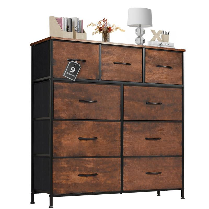 9-Drawer Dresser, Storage Unit Organizer Chest for Clothes, Tall Dresser & Chest for Bedroom, Hallway, Living Room, Dorm - Steel Frame, Wood Top