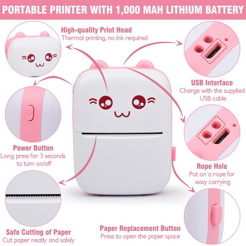 Portable Mini Photo Printer, Portable Pocket Thermal Printer with 5 Rolls Paper, Bluetooth Wireless Printer for Home Office School Use, Picture Printer for Photo Receipt Label Printing with Ios Android APP