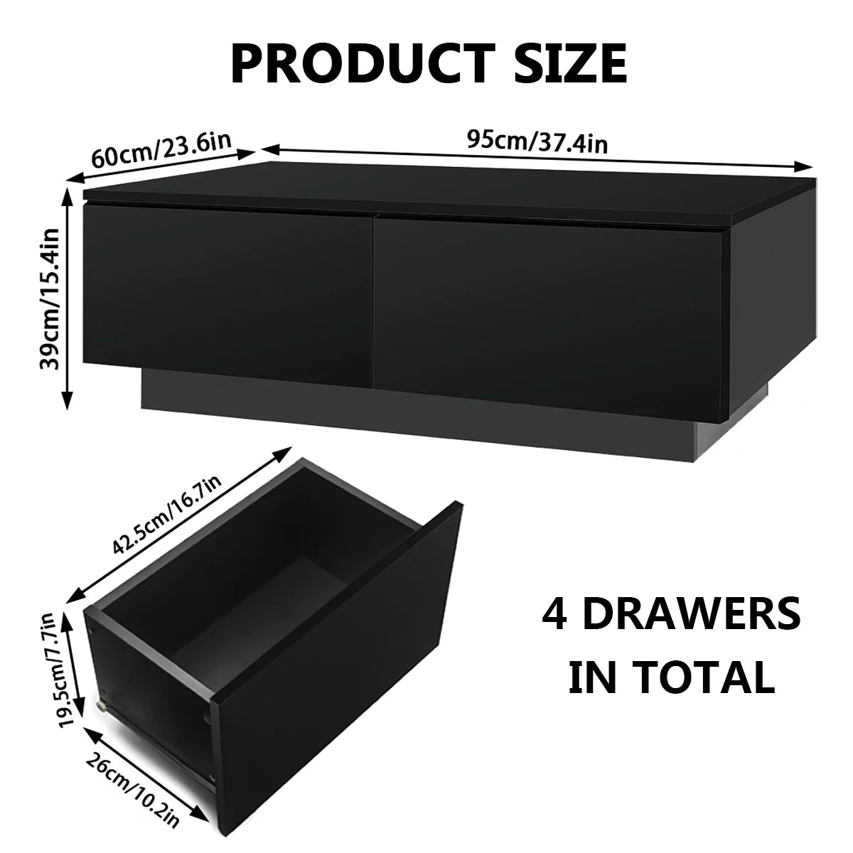 LED Coffee Table with 4 Drawers Center Cocktail Side Table Black High Gloss Finish